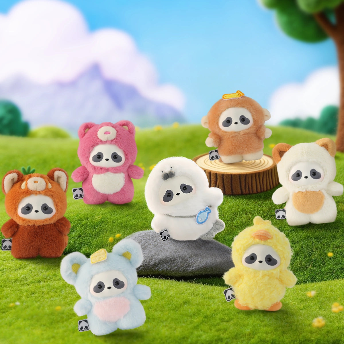 Seven Panda Roll plush keychains in costumes posed on a grassy zoo scene, The Zoo In Hands