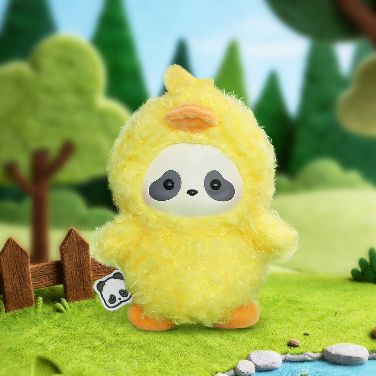 Messy Quackers panda in a fluffy yellow duckling costume with orange feet, Panda Roll The Zoo In Hands