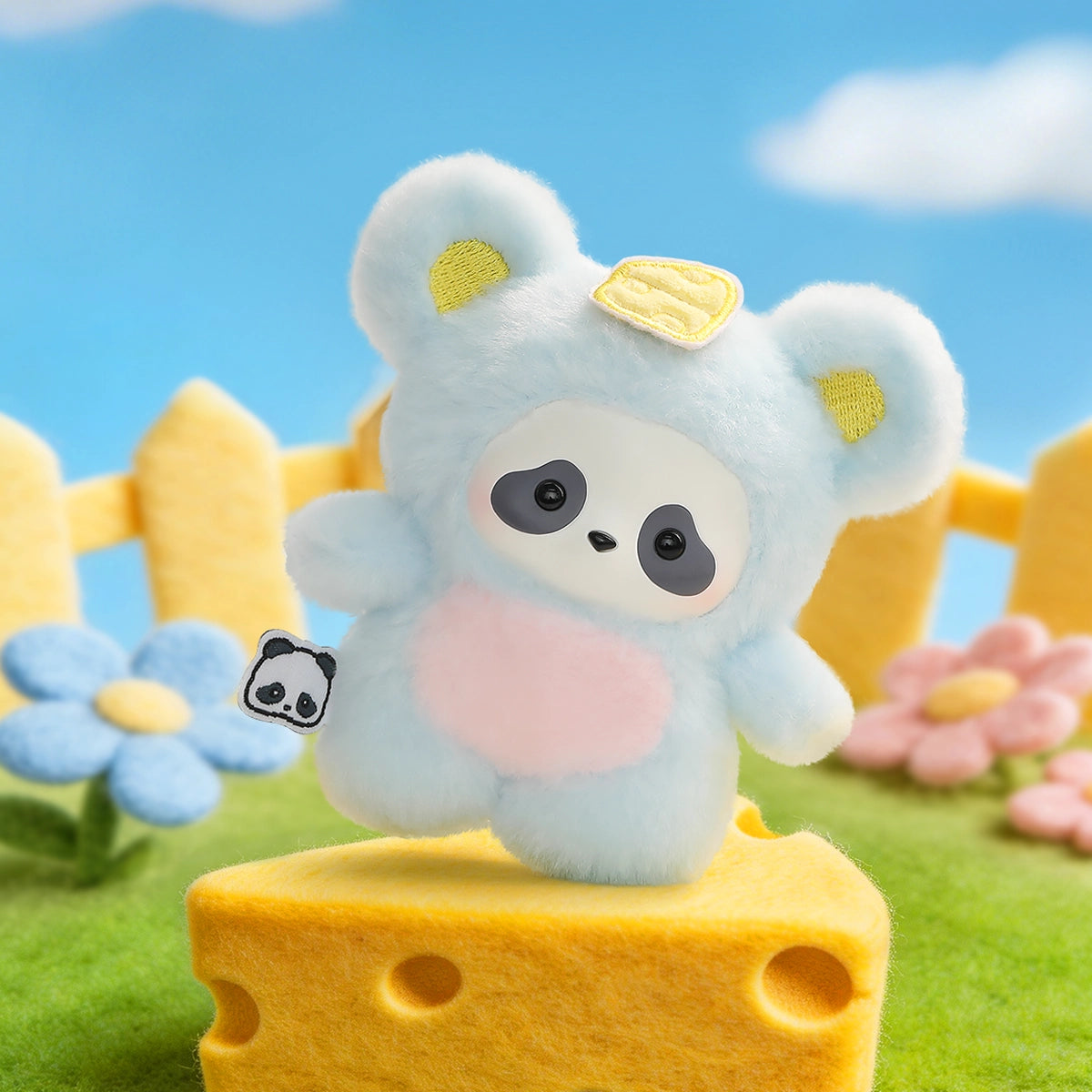 Cheese Chaser panda in a light-blue mouse costume on a wedge of cheese, Panda Roll The Zoo In Hands