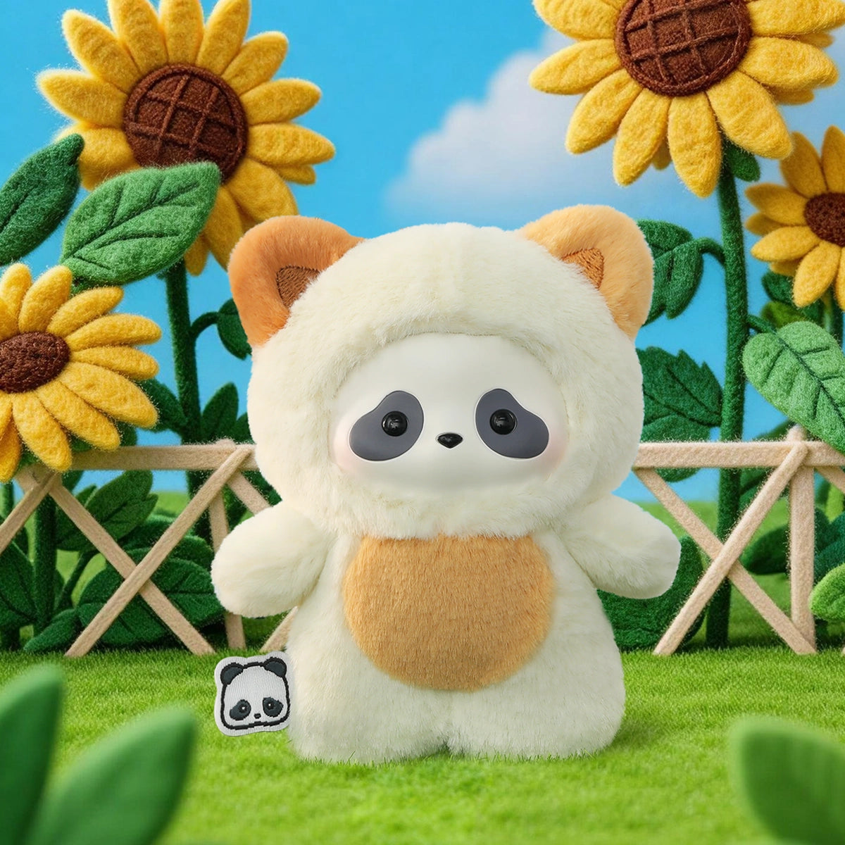 Calico Kitten panda in a white-and-tan cat costume by sunflowers, Panda Roll The Zoo In Hands