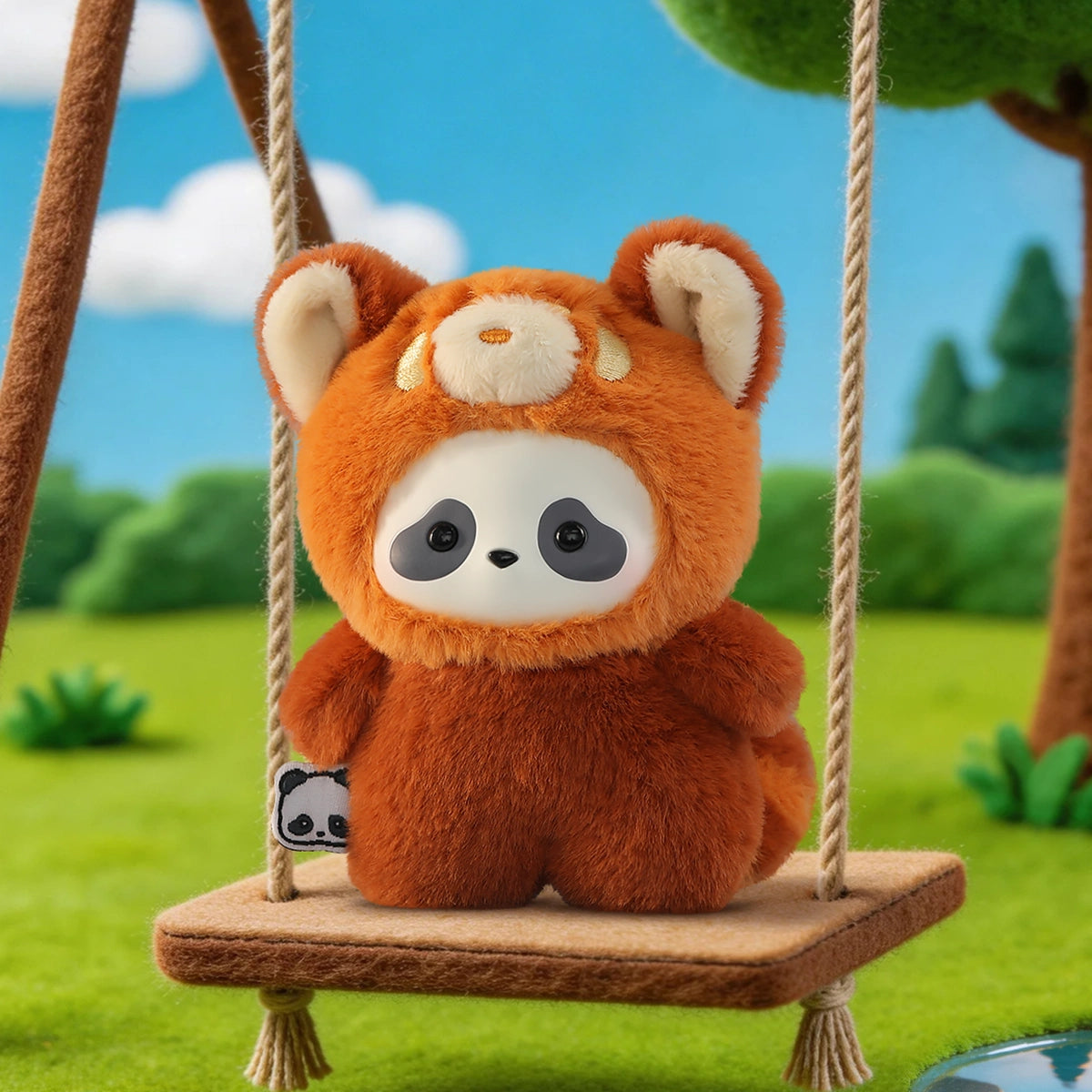 Red Panda Cub panda in a reddish-brown red-panda costume on a swing, Panda Roll The Zoo In Hands