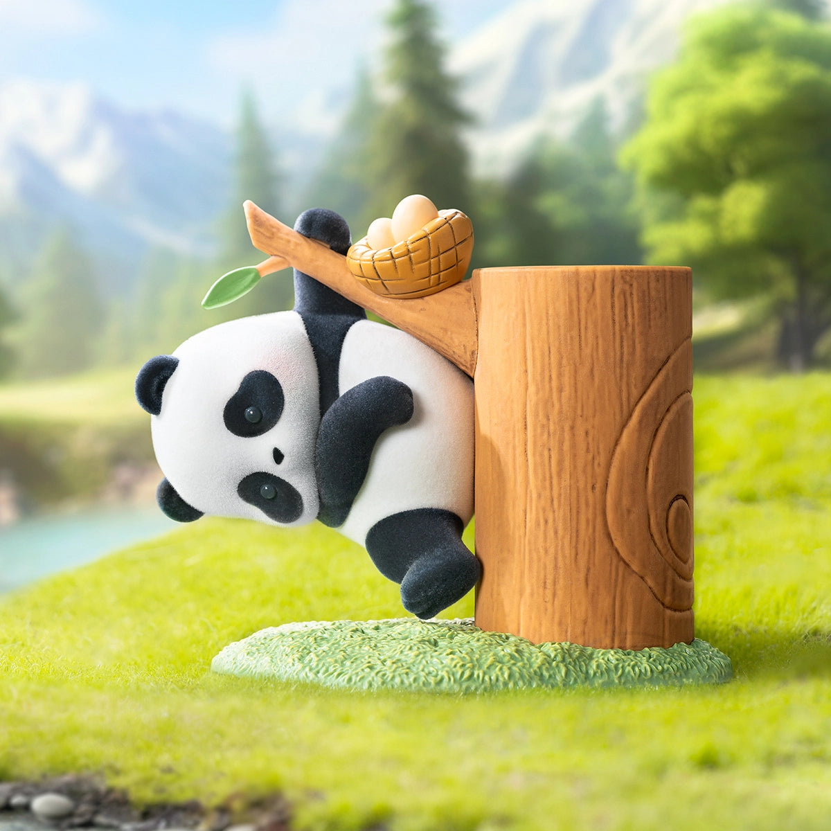Trouble Maker figurine, panda clinging to a stump toward a basket of eggs on a branch, Fruit Tree Climbing