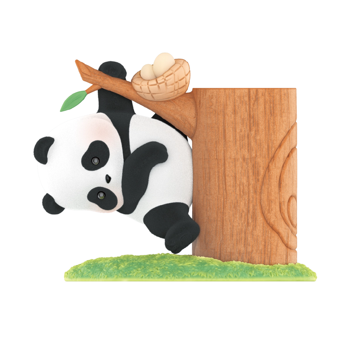 Trouble Maker figurine reaching up to a nest of eggs balanced on a stump branch, Panda Roll Fruit Tree Climbing