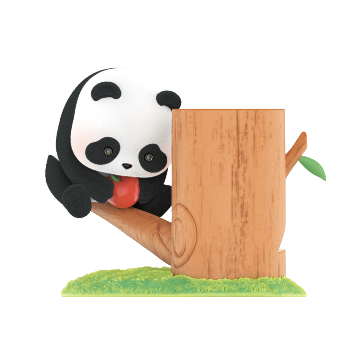 Apple Lover figurine, panda on a stump branch reaching for a red apple, Panda Roll Fruit Tree Climbing
