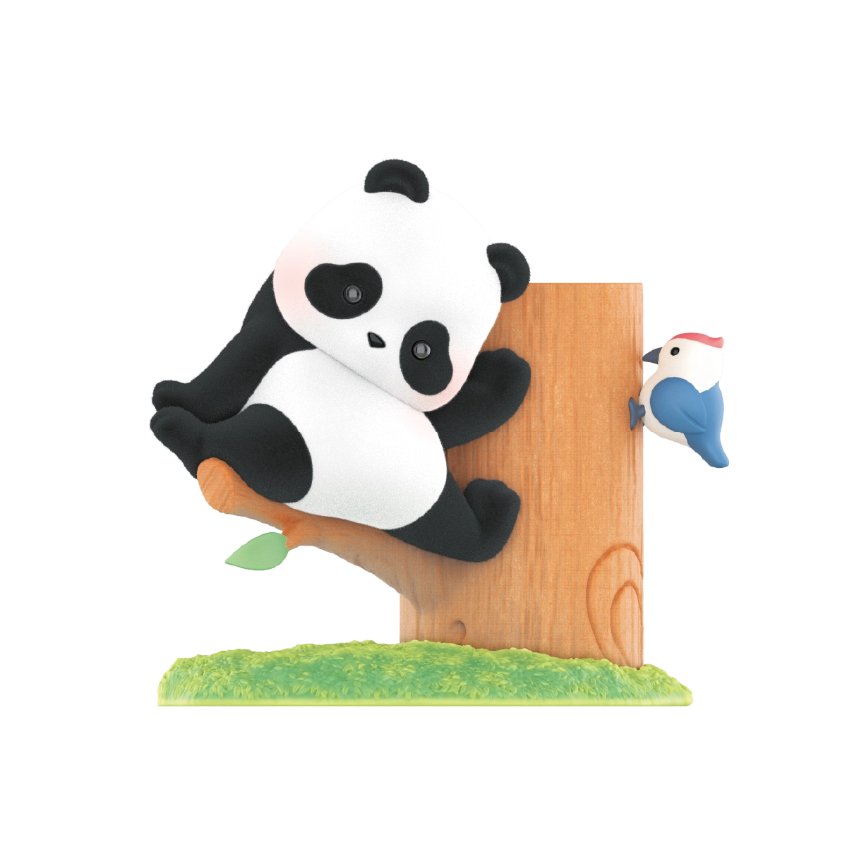 Good Morning figurine, panda stretching on a stump beside a small blue bird, Panda Roll Fruit Tree Climbing
