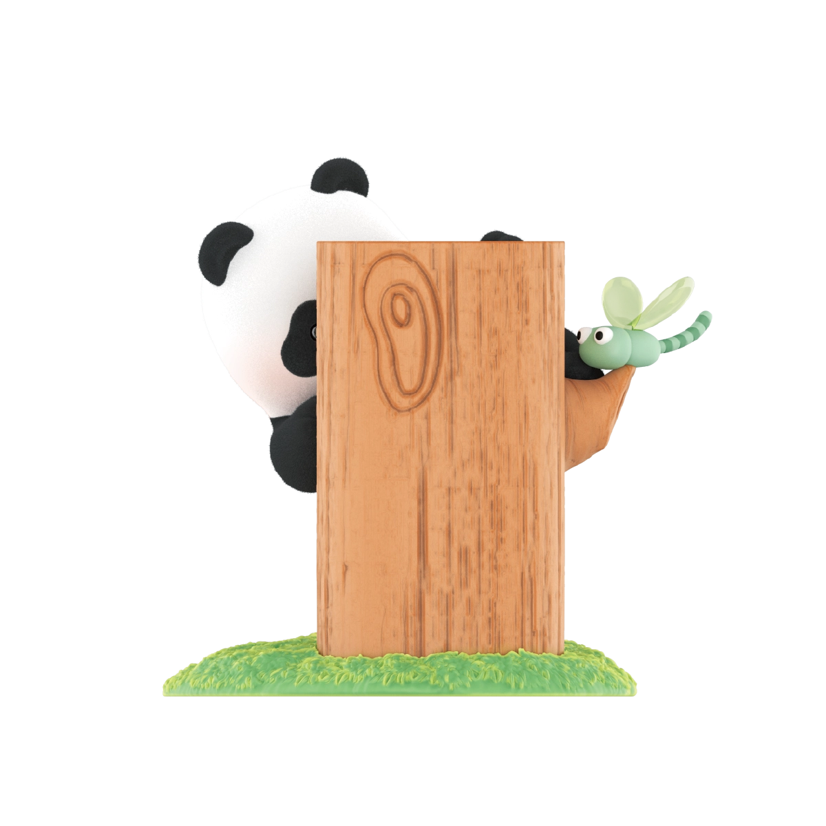 Hide-And-Seek figurine, panda hiding behind a tree stump near a green dragonfly, Fruit Tree Climbing