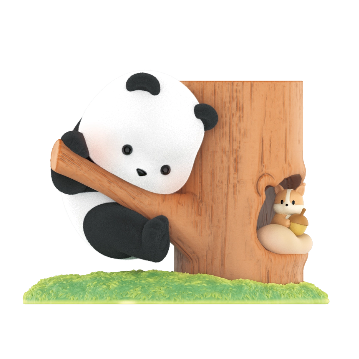New Neighbour figurine, panda scaling a tree beside an orange squirrel holding an acorn, Fruit Tree Climbing