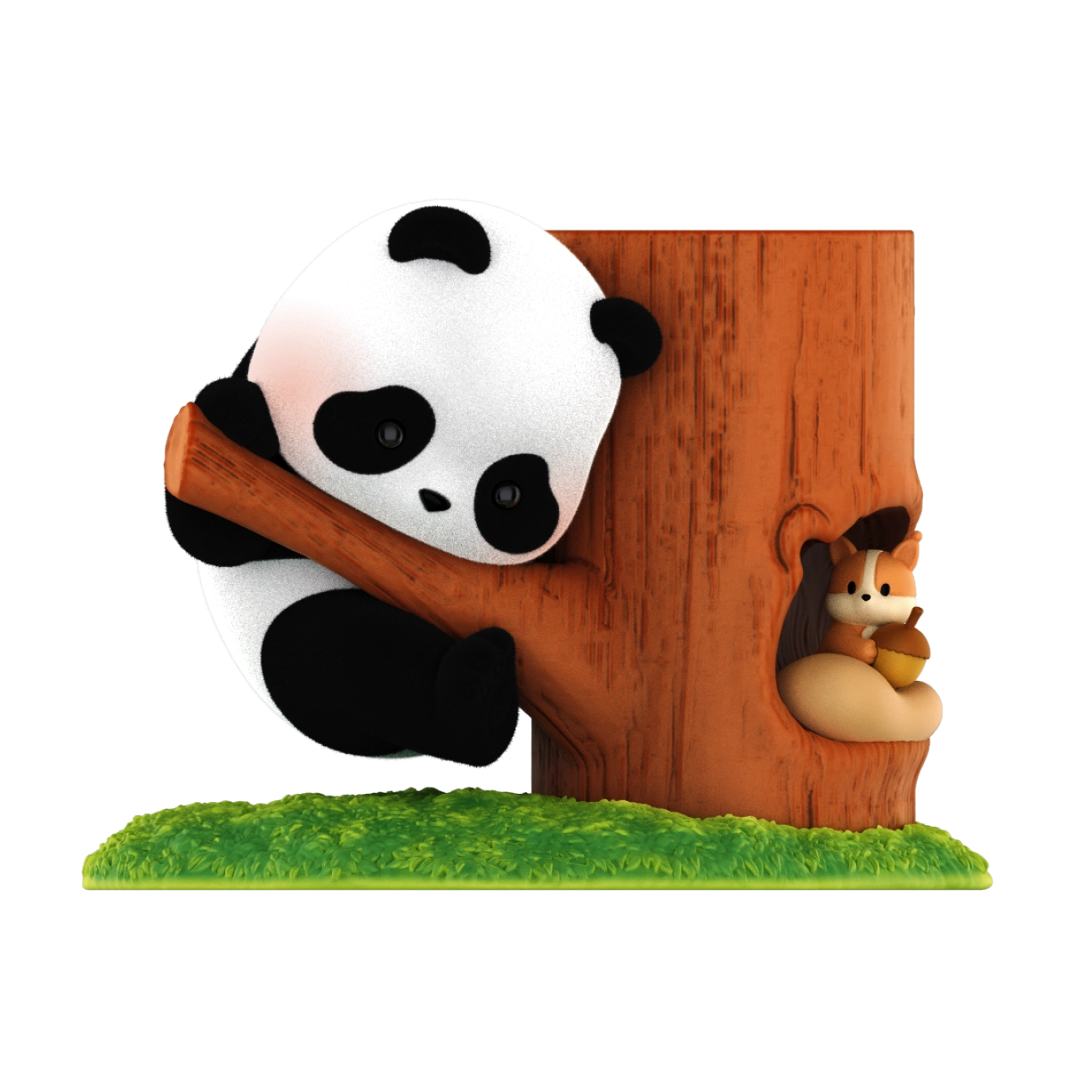 New Neighbour figurine, panda scaling a trunk with an acorn-holding squirrel in the hollow, Fruit Tree Climbing
