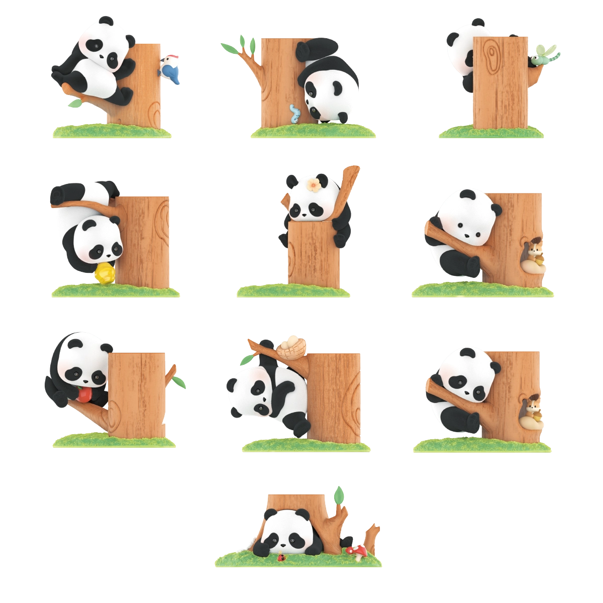 Flat-lay of all ten Panda Roll Fruit Tree Climbing figurines on stackable tree-stump bases, blind box