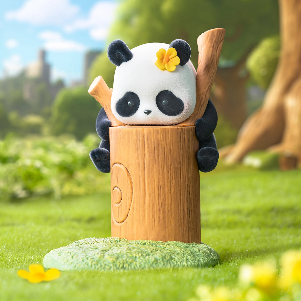 New Neighbour secret figurine, flower-eared panda atop a tall stump in a sunny meadow, Fruit Tree Climbing