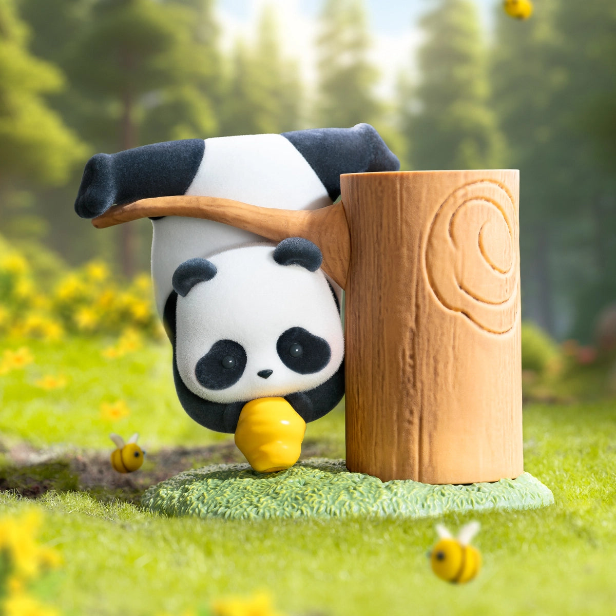 Stealing Honey figurine, panda hanging upside-down toward a honey ball with bees, Fruit Tree Climbing