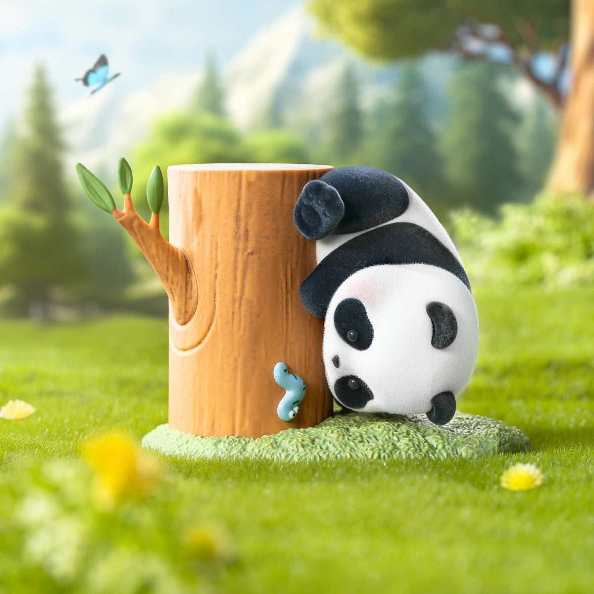 Panda With Worm figurine tumbling head-down by a stump toward a little blue worm, Fruit Tree Climbing