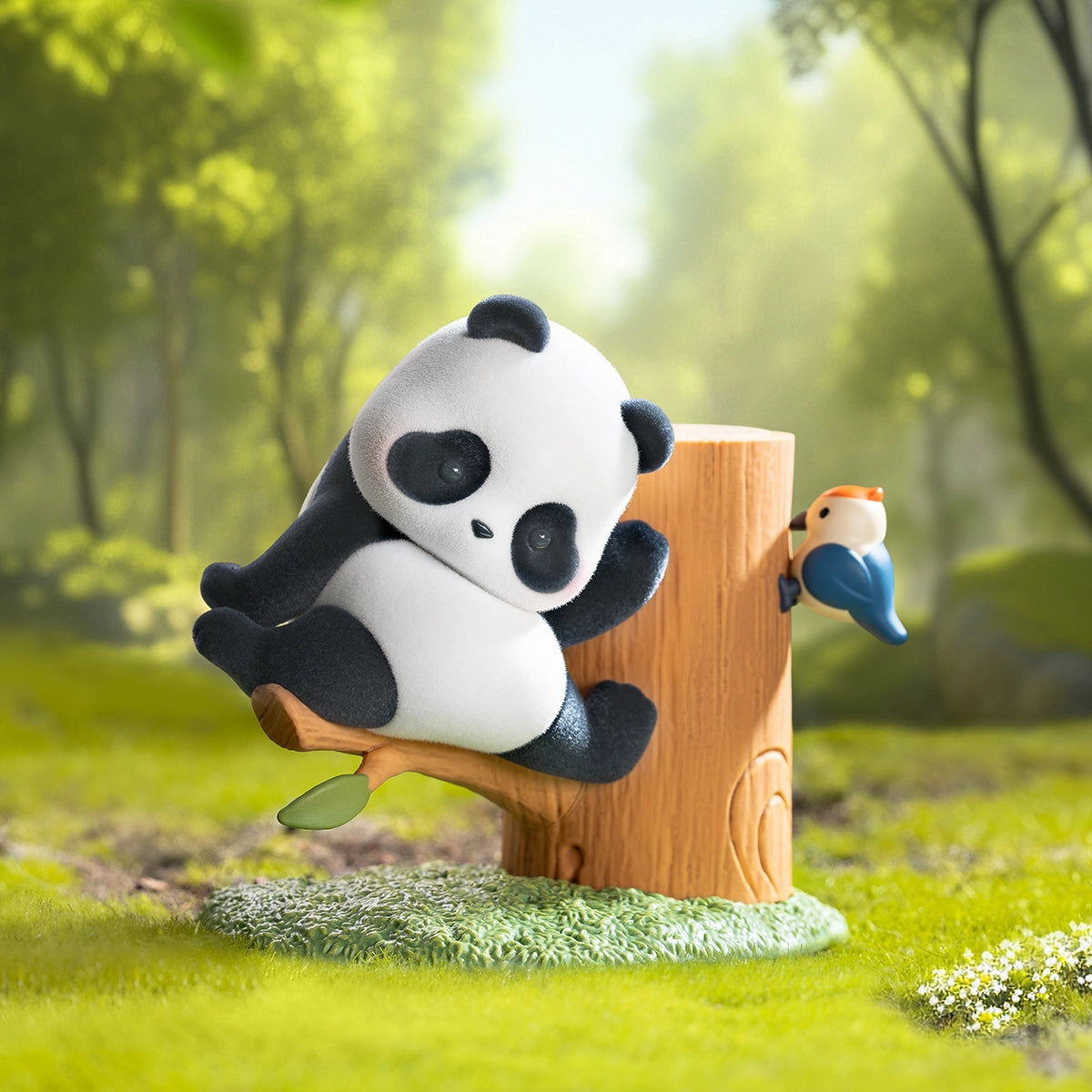 Good Morning figurine, panda stretching on a low stump beside a small blue bird, Fruit Tree Climbing