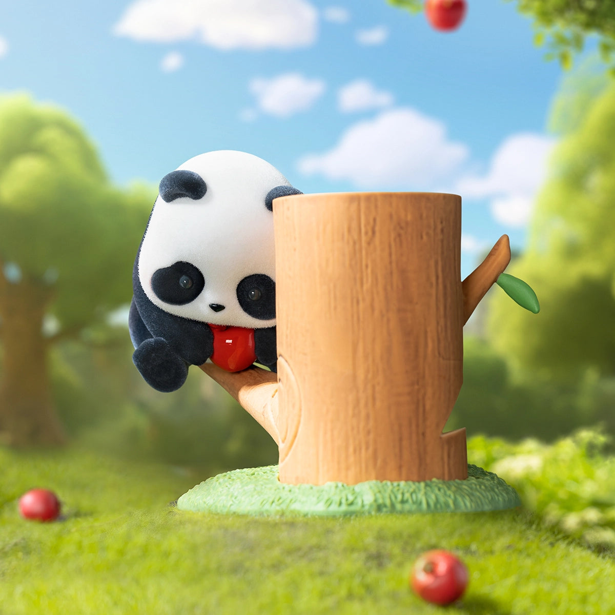 Apple Lover figurine, panda perched on a stump reaching for a red apple, Fruit Tree Climbing