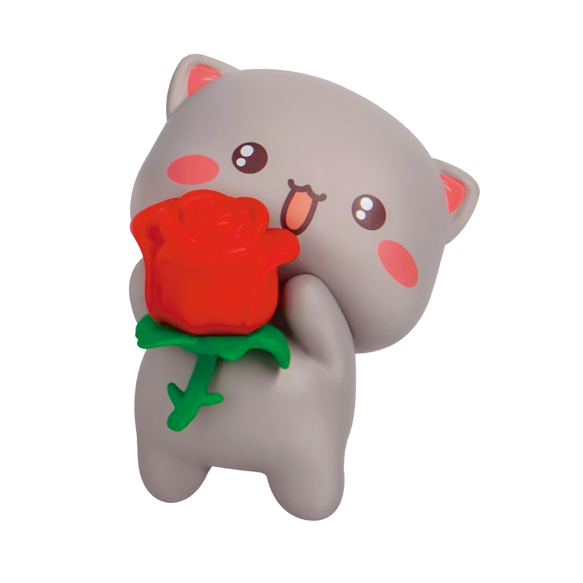 Peach Joy white cat with a purple fortune tag on a blue base, Peach and Goma's Sweet Mini Universe