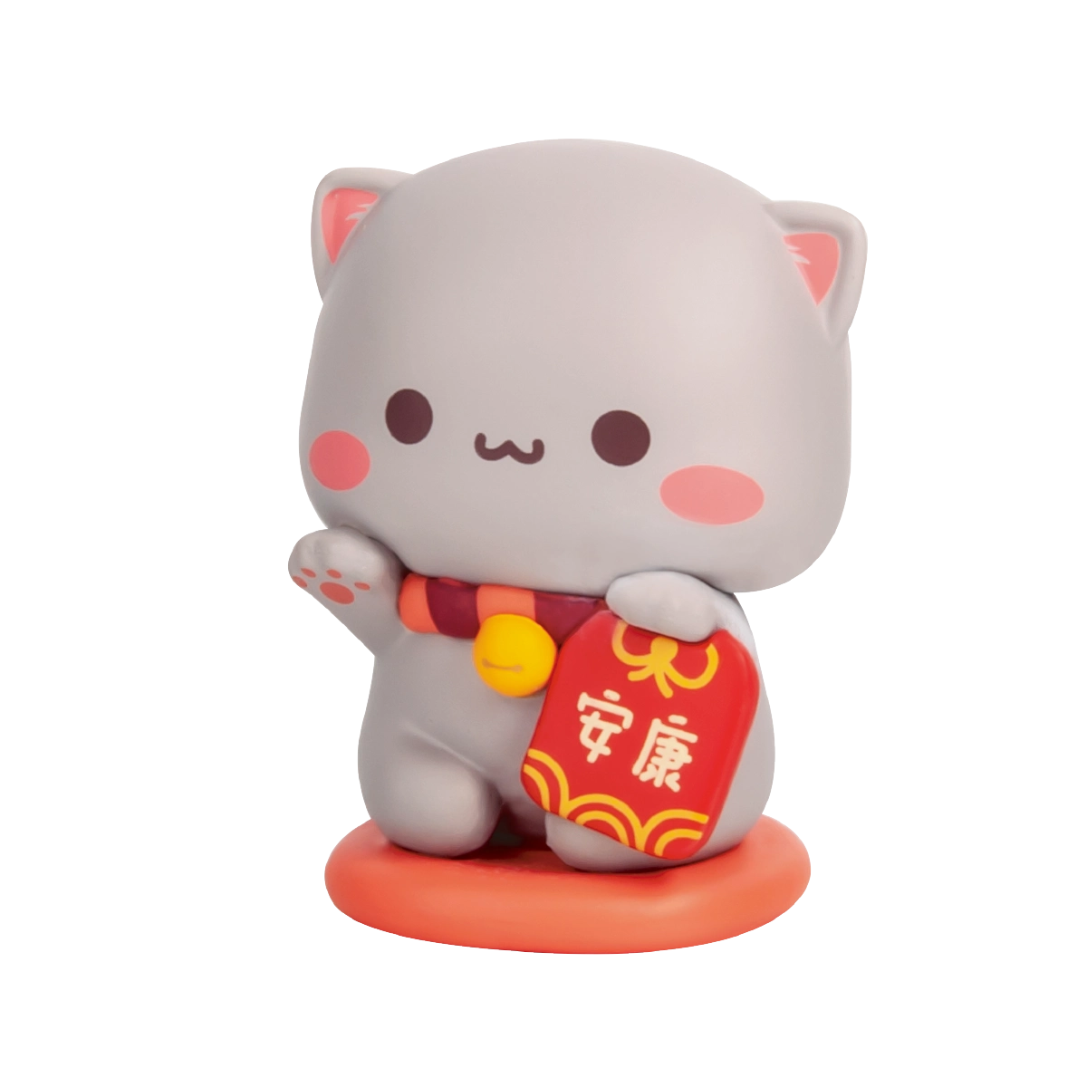 Peach Blessing white cat holding a red blessing tag on a red base, Peach and Goma's Sweet Mini Universe
