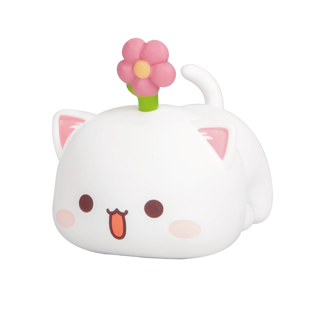 Goma Smooth Sailing grey cat with a pink fortune tag on a pink base, Peach and Goma's Sweet Mini Universe