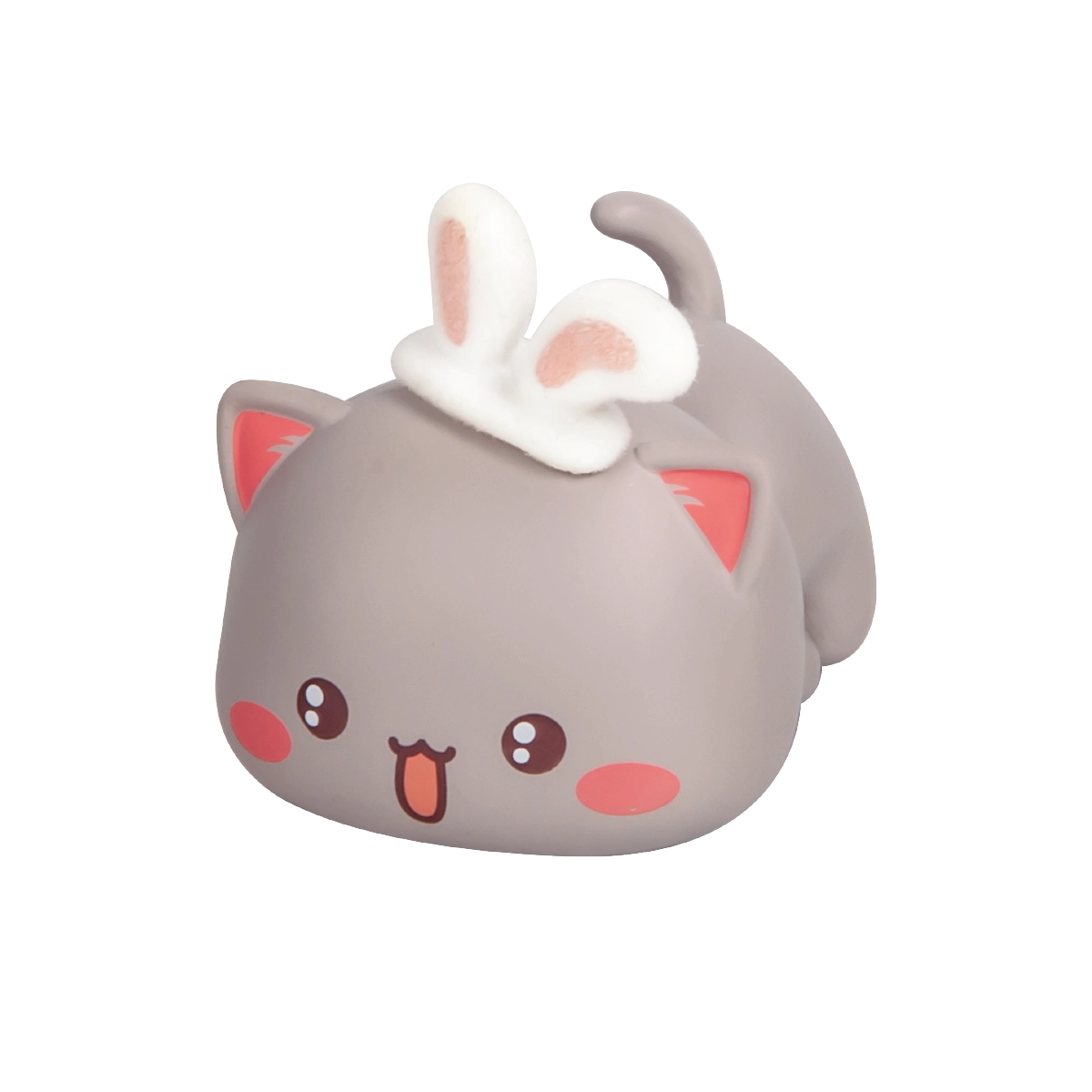 Gray Goma cat lying down in a white bunny-ear headband with tongue out