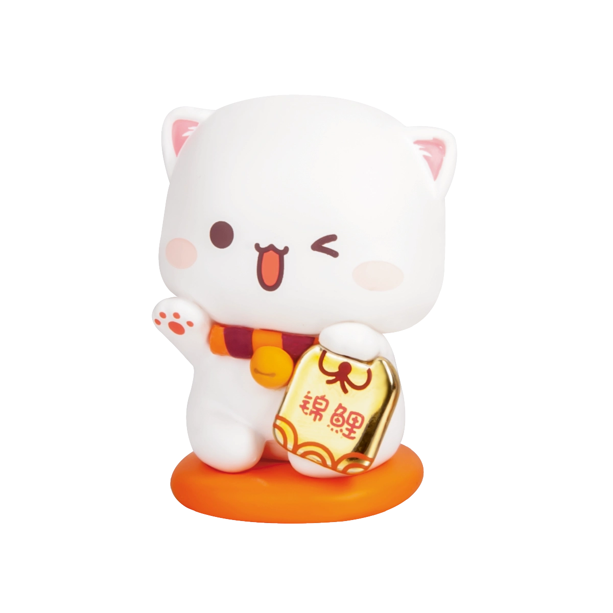 Winking white Peach cat holding a gold Chinese lucky charm on an orange base