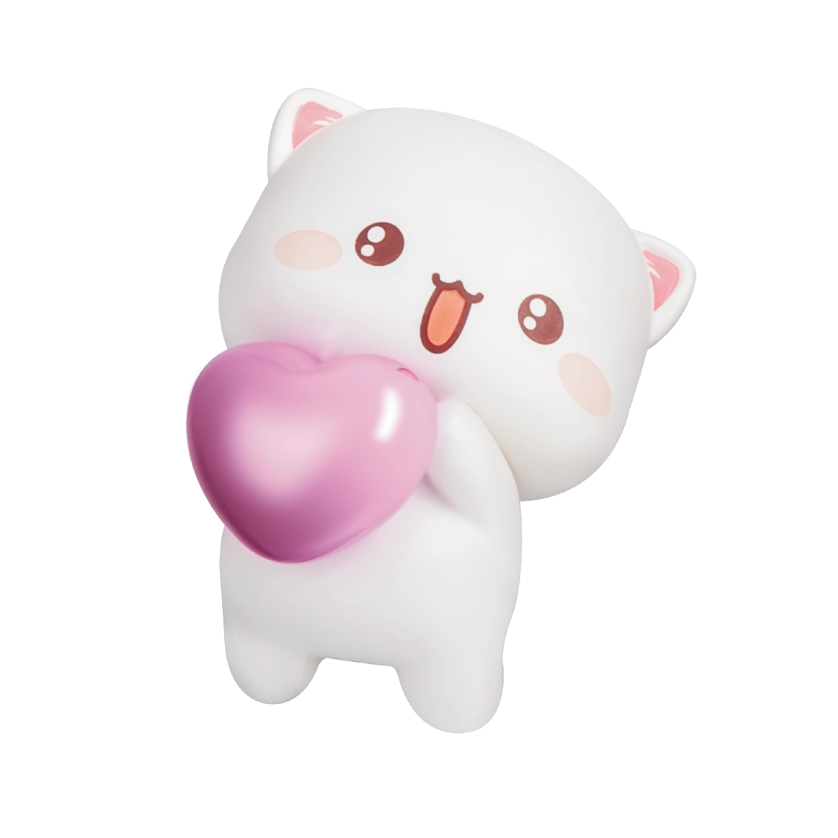 White Peach cat standing and hugging a shiny pink heart
