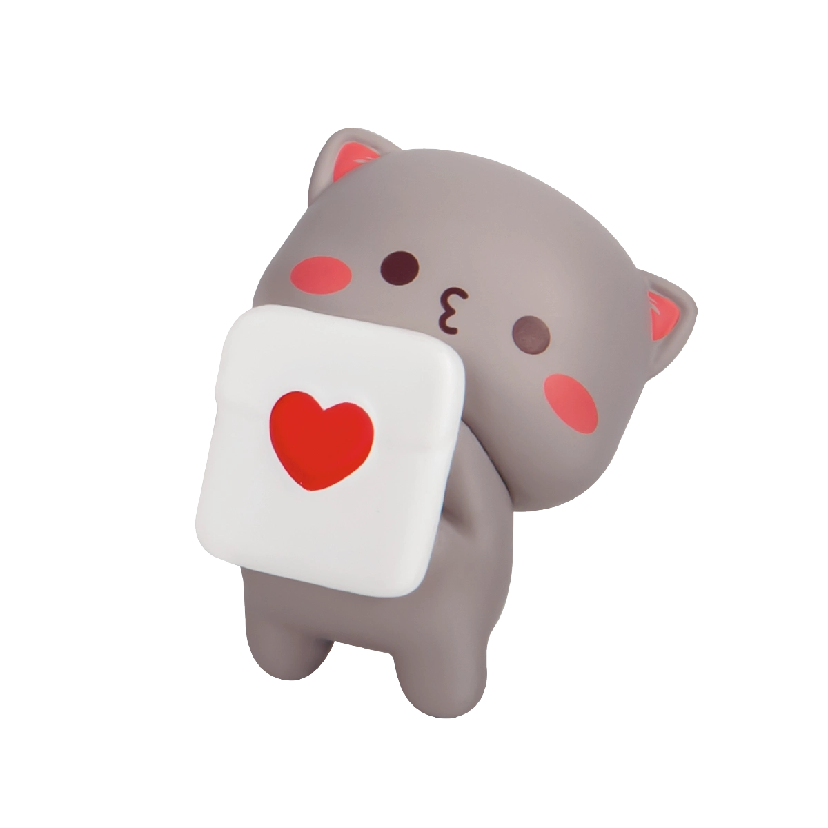 Gray Goma cat standing with a white envelope sealed by a red heart