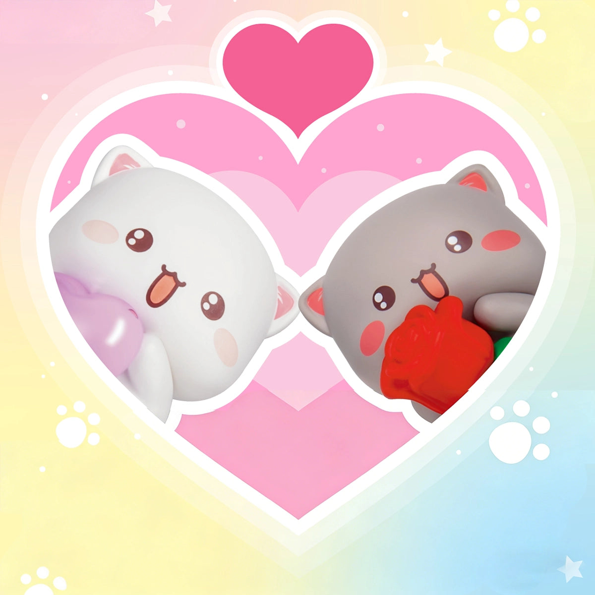 Peach Dreams cat in a blue sleeping cap and Goma Funtime cat in a party hat, Peach and Goma's Sweet Mini Universe