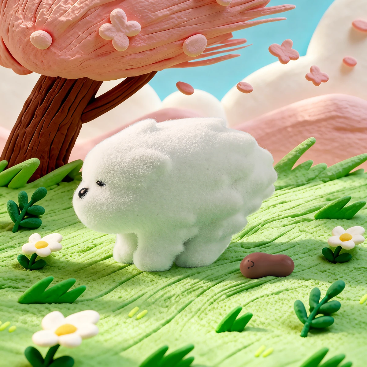 Windy Day Woes white puppy flattened on the ground by the wind in a spring scene, PooPoo Pups
