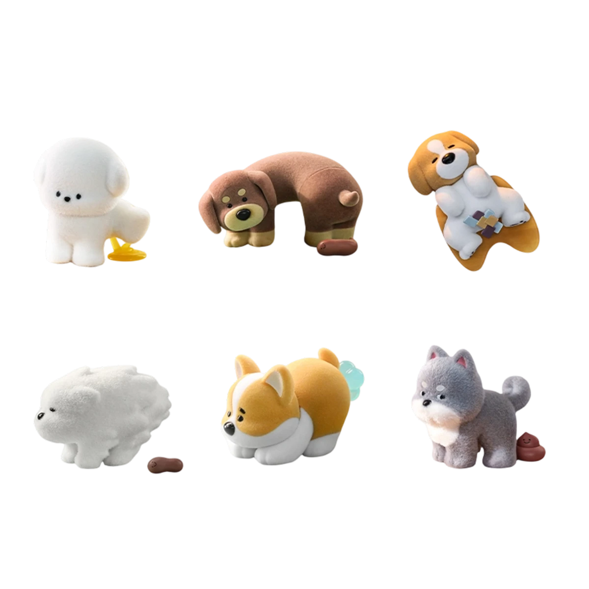 Six flocked PooPoo Pups puppies caught in funny bathroom moments on a white background