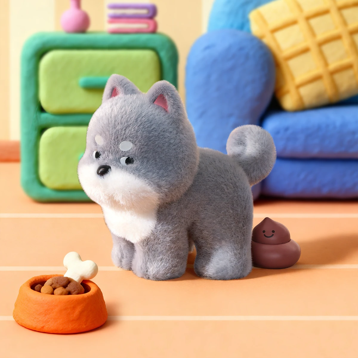 Sneaky Pooper grey puppy standing by a dropping and food bowl indoors, PooPoo Pups