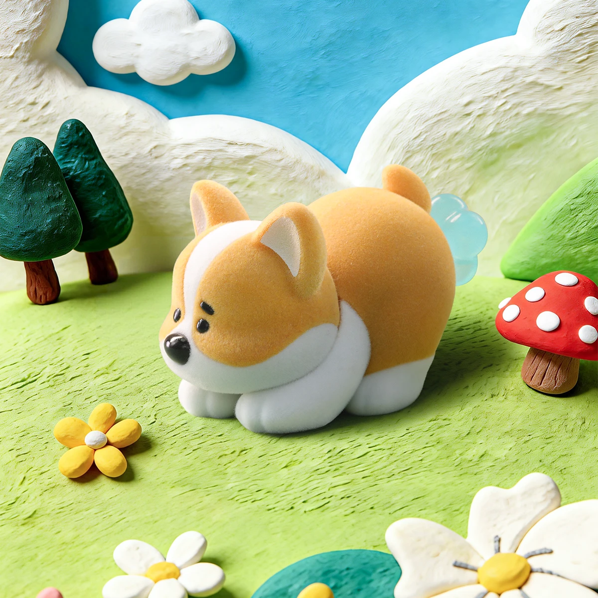 Gassy Puppy corgi bowing with rear up and a blue gas puff in a meadow, PooPoo Pups