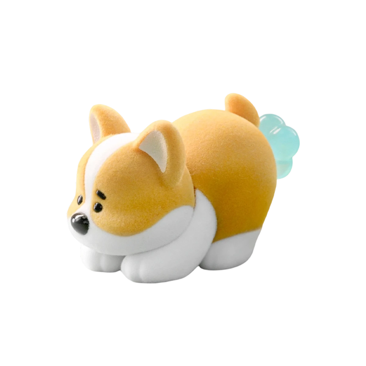 Gassy Puppy corgi bowing with rear up and a blue puff of gas, PooPoo Pups flocked blind box