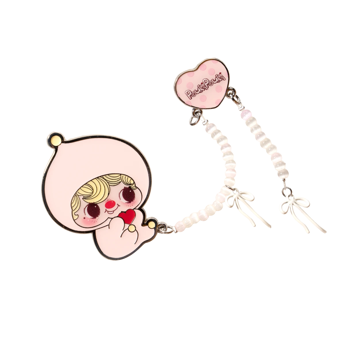 POUKA Blush Pink Brooch, blonde baby with red heart in a pink sleeping-bag with beaded bow strap