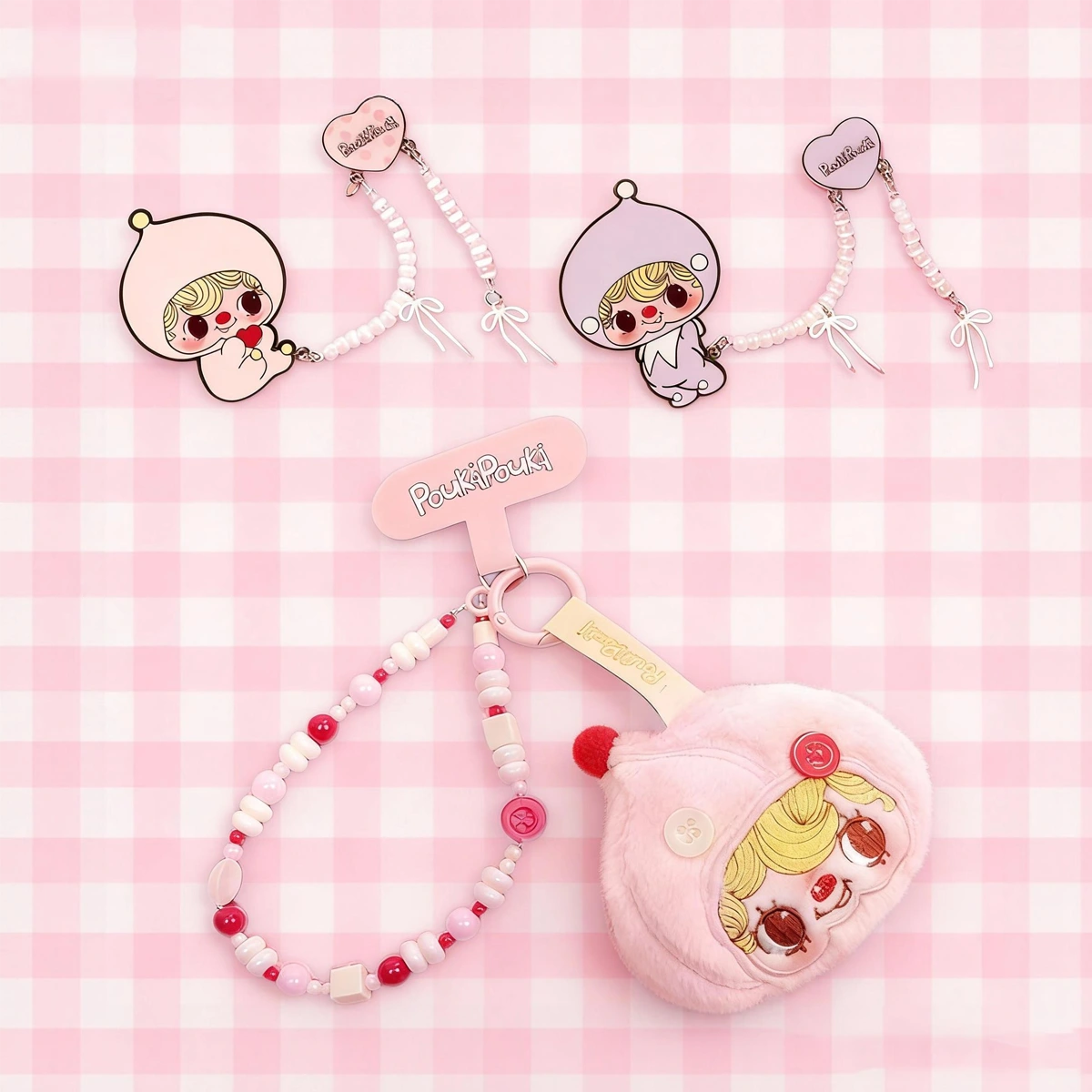 POUKA Childhood set with Blush Pink and Sweet Lilac enamel brooches and plush phone charm