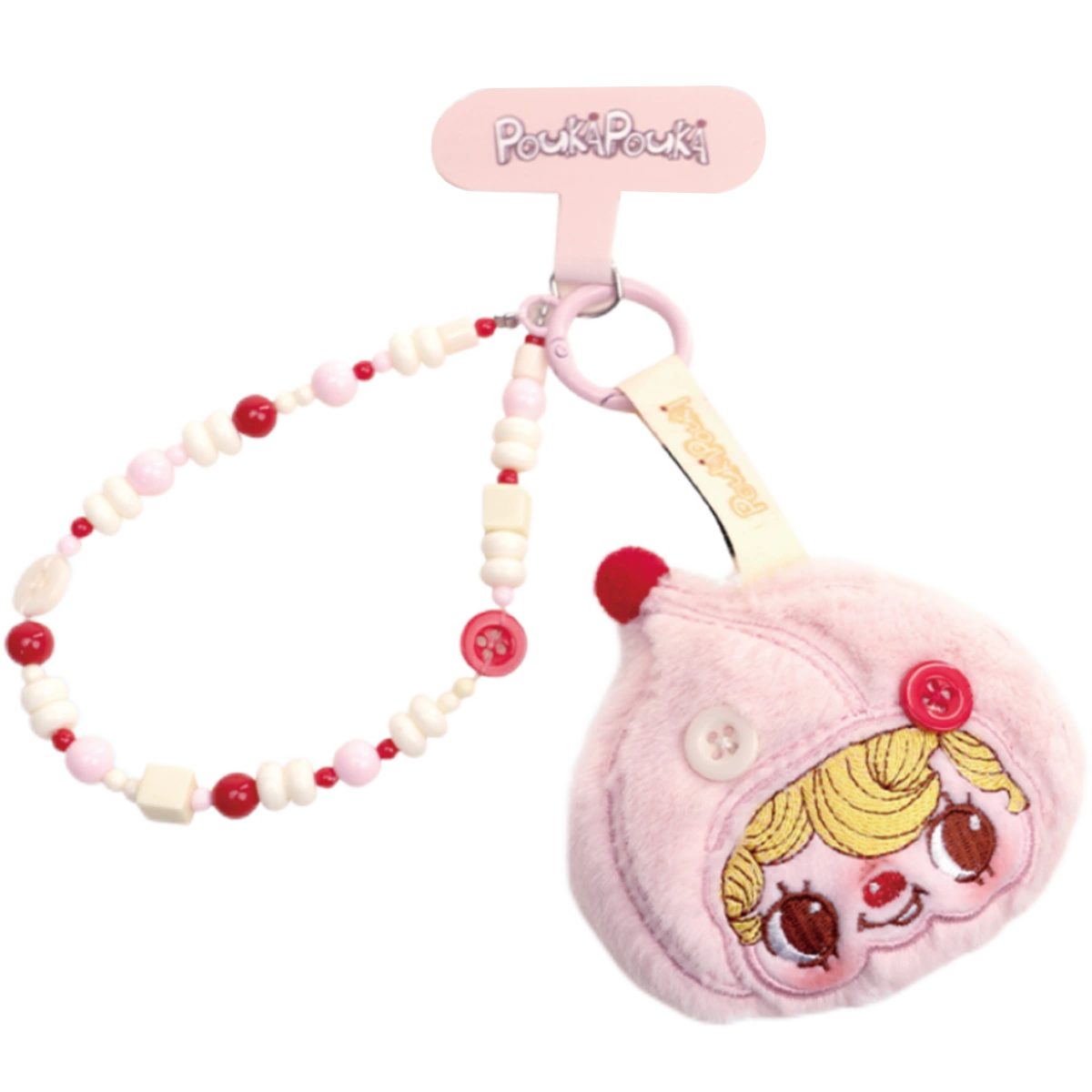 Pink POUKA plush phone charm embroidered with baby-doll face on a beaded button wrist strap, by 52TOYS