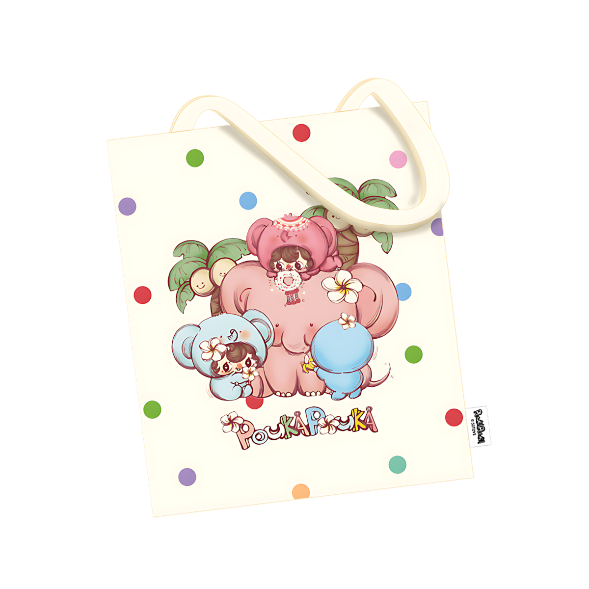 Cream tote printed with pink elephant girl and gray baby elephant, Pouka Limited Edition Canvas Tote Bag