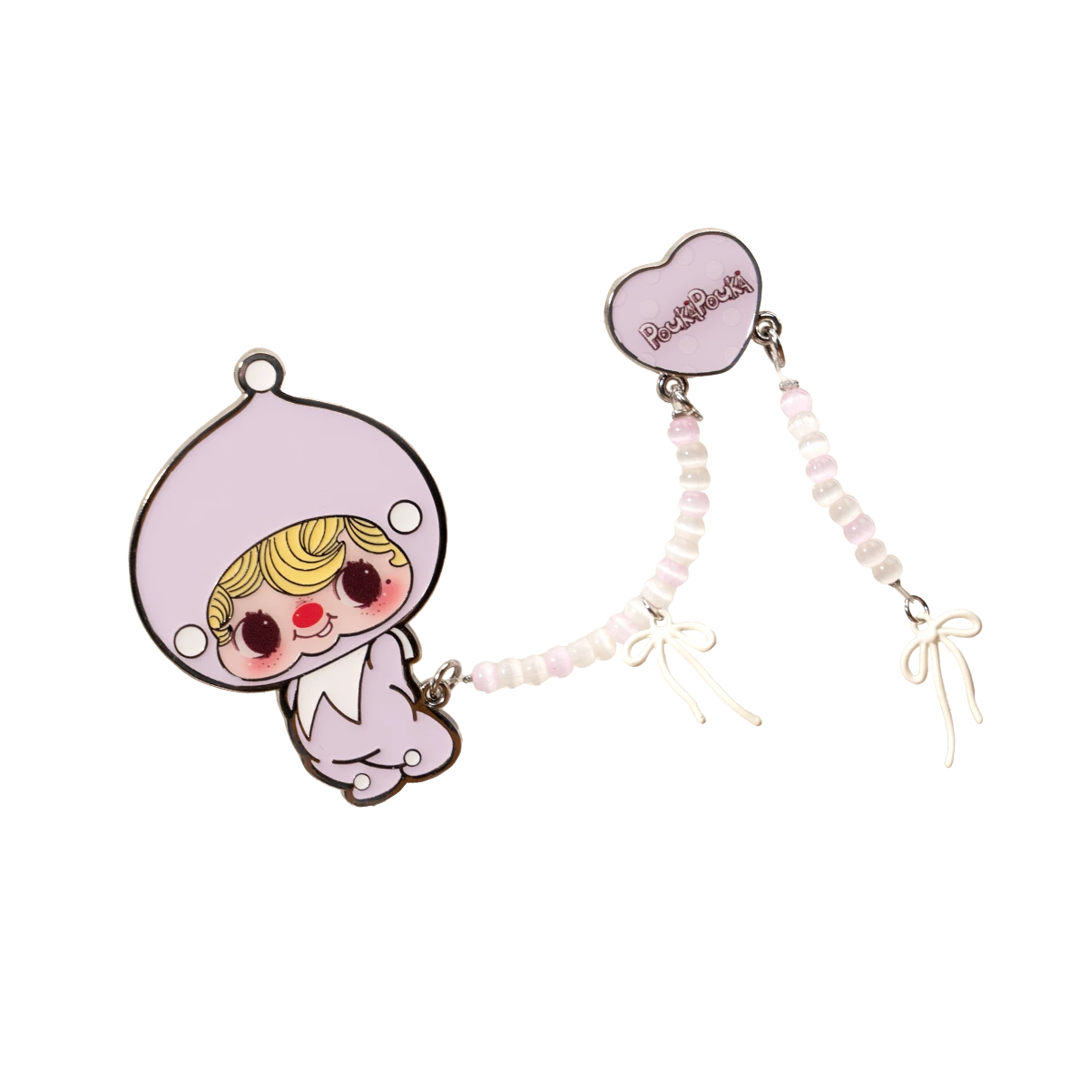 POUKA Sweet Lilac Brooch, blonde baby in a lilac sleeping-bag with white beaded bow strap and heart name tag