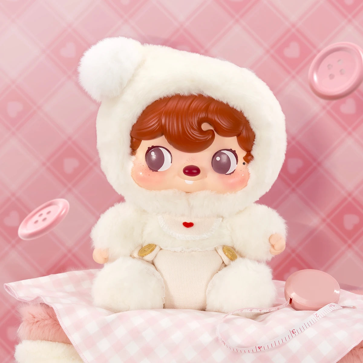 POUKAPOUKA Cloud Baby plush close-up, rosy red-haired baby in fluffy white pom-pom bear hood