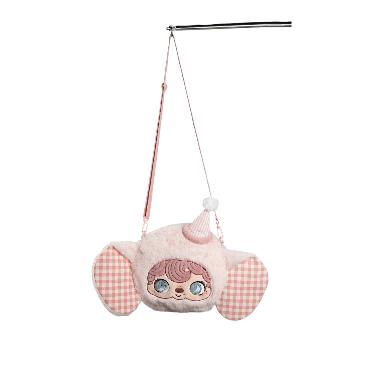 Pink fluffy Pouka elephant-face plush bag with gingham ears and party hat, POUKAPOUKA Magic Elephant by 52TOYS