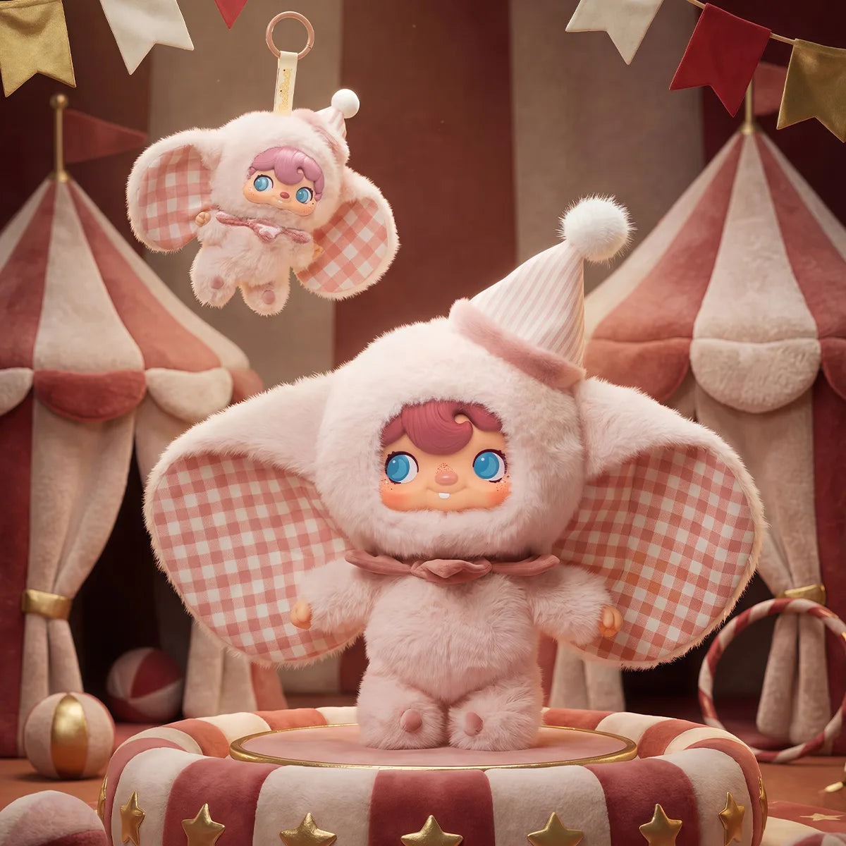 POUKAPOUKA Magic Elephant pink flying-elephant plush on a circus ring stage, vinyl plush figure