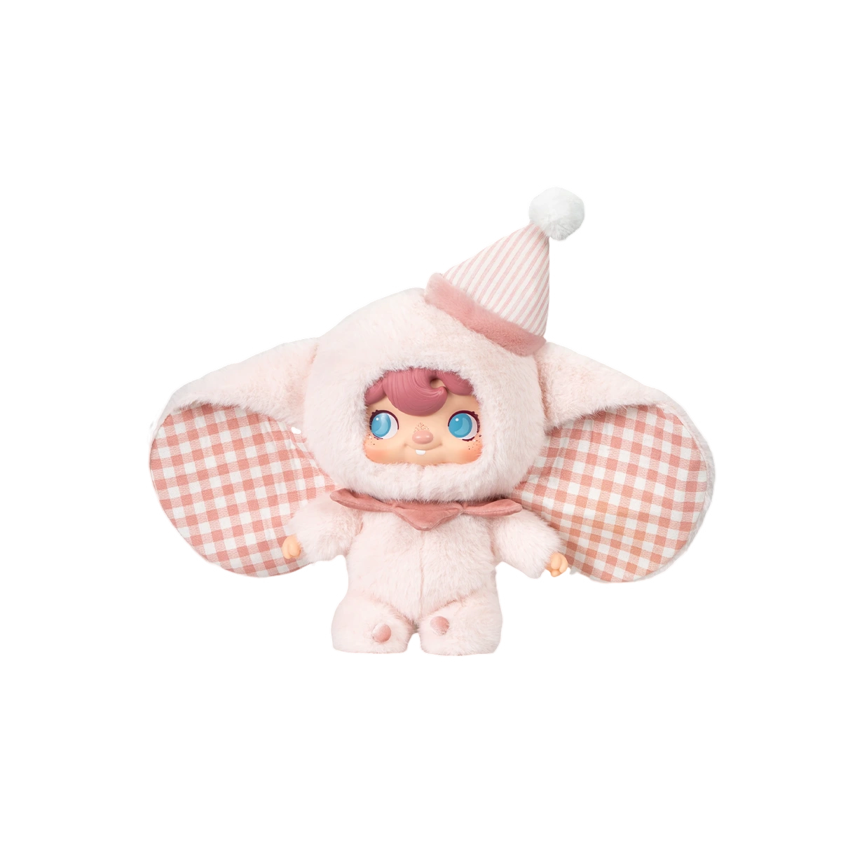 POUKAPOUKA Magic Elephant pink plush with gingham ears and pom-pom party hat, vinyl plush figure by 52TOYS
