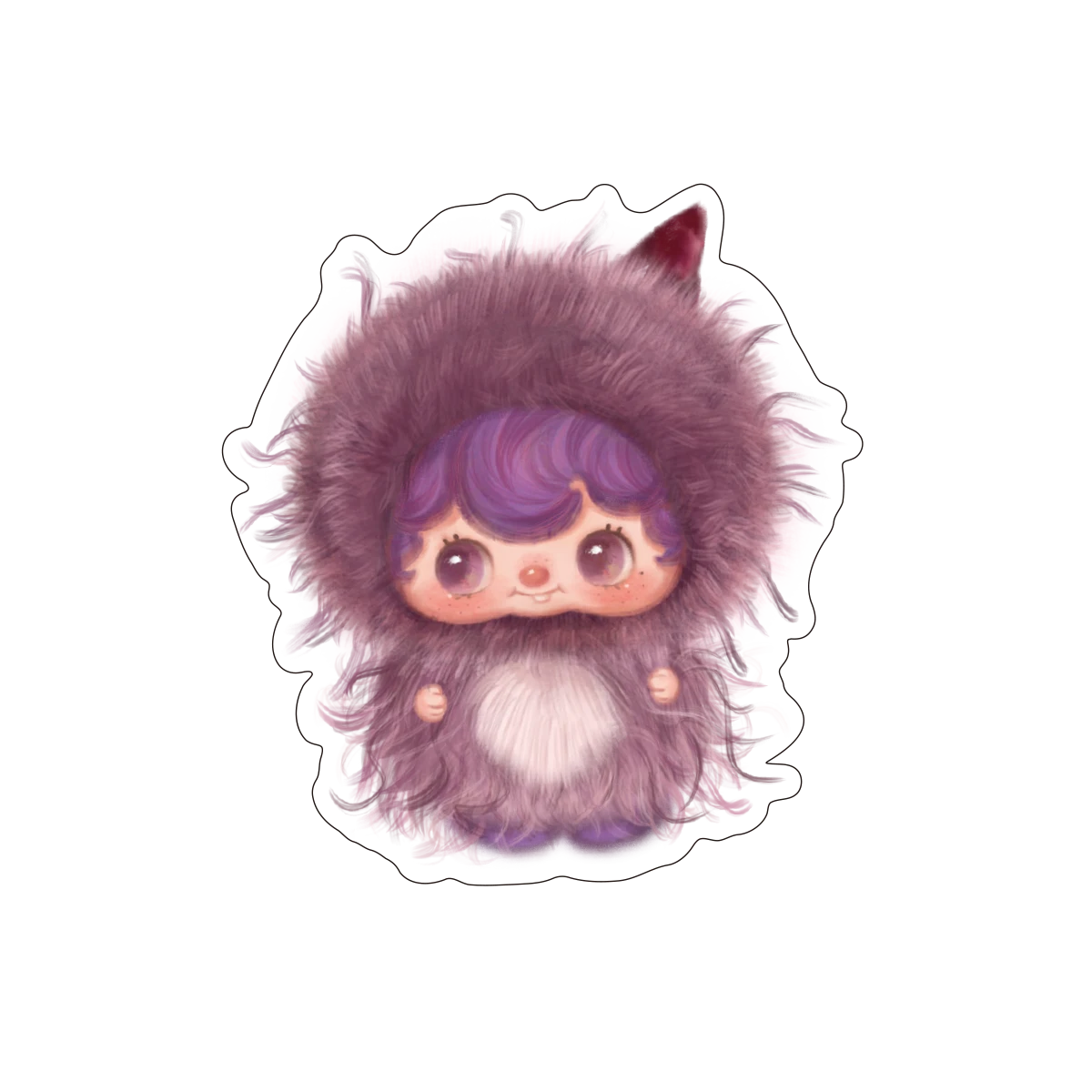 Glitter sticker of a baby in a purple furry fox costume from Poukapouka Me & I Glitter Stickers