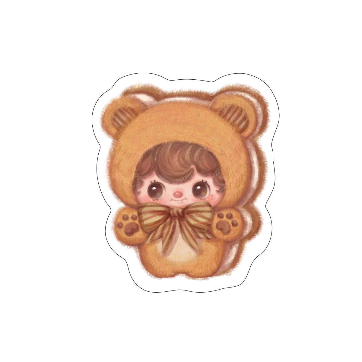 Glitter sticker of a baby in a brown bear hood with bow from Poukapouka Me & I Glitter Stickers