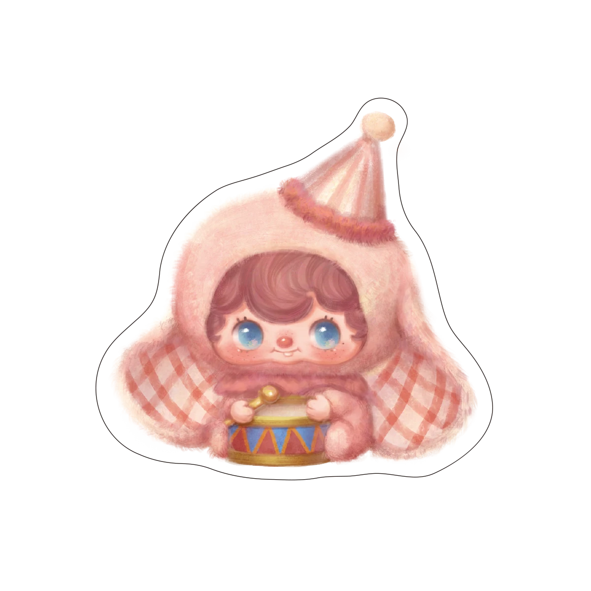 Glitter sticker of a baby in a pink hat holding a drum from Poukapouka Me & I Glitter Stickers