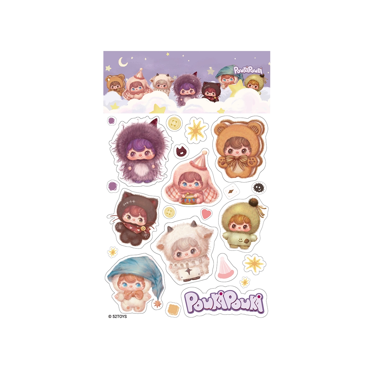 Sticker sheet of costumed Poukapouka characters in animal hoods, Poukapouka Me & I Glitter Stickers