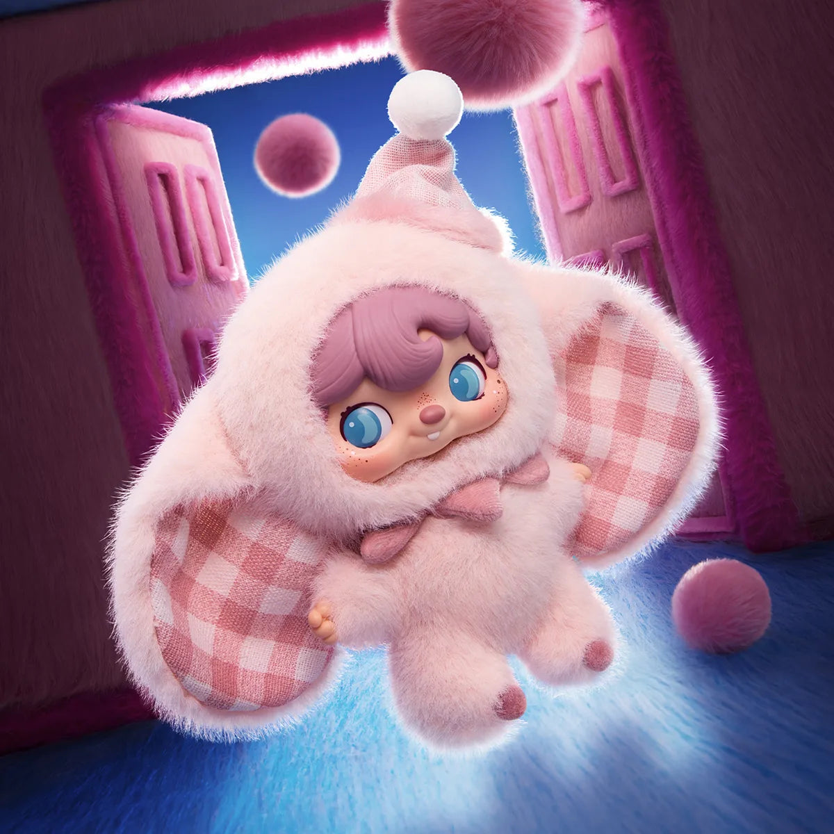 Magic Elephant pink plush with gingham ears and party hat in flight, POUKAPOUKA Me & I blind box