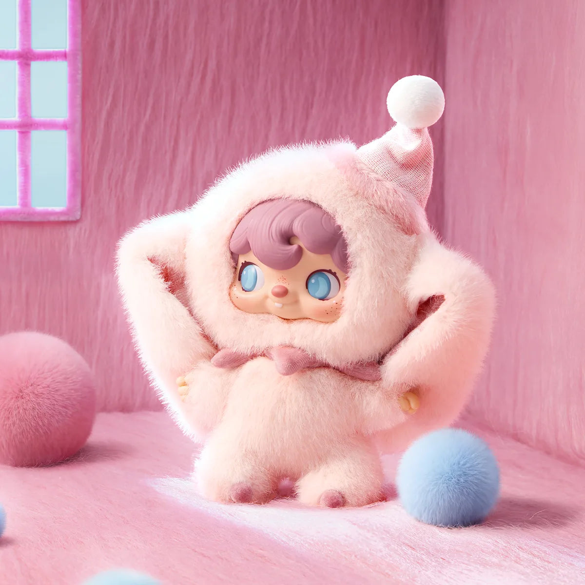 Magic Elephant pink plush with floppy ears and pom-pom hat in a pink room, POUKAPOUKA Me & I