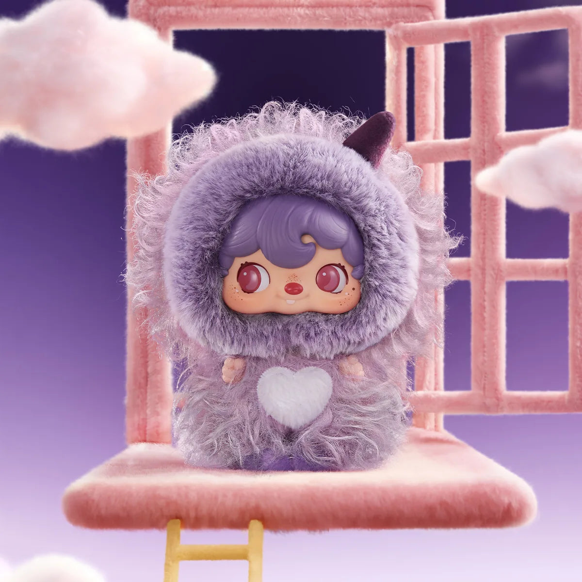 Fuzz-Mad Beast shaggy purple monster plush with heart belly at a window, POUKAPOUKA Me & I secret