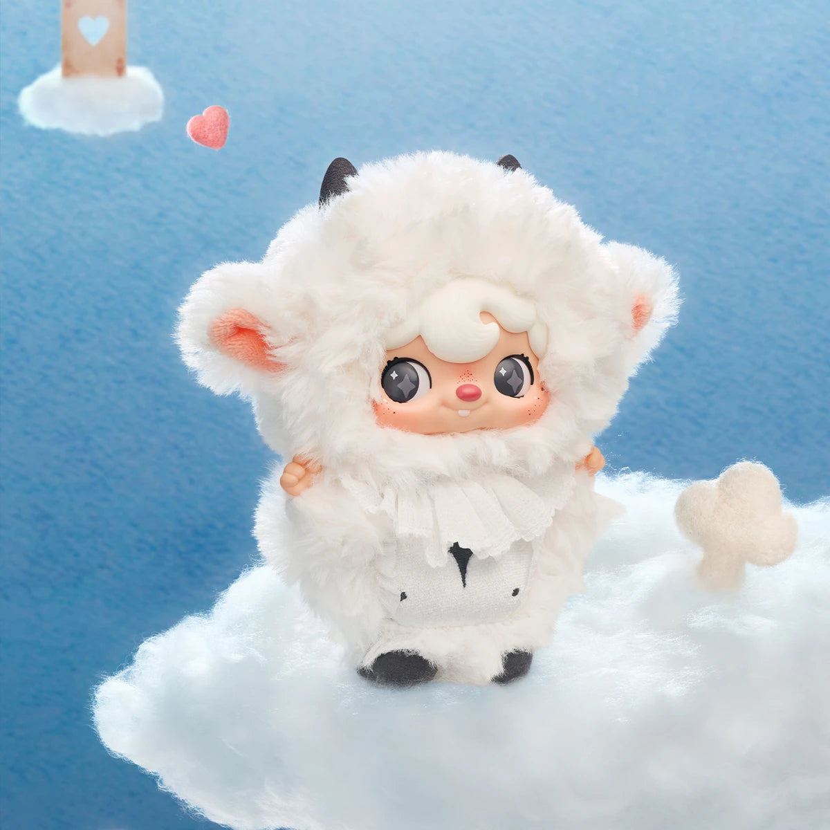 Poker Lamb fluffy white lamb plush with ruffle collar on a cloud, POUKAPOUKA Me & I blind box