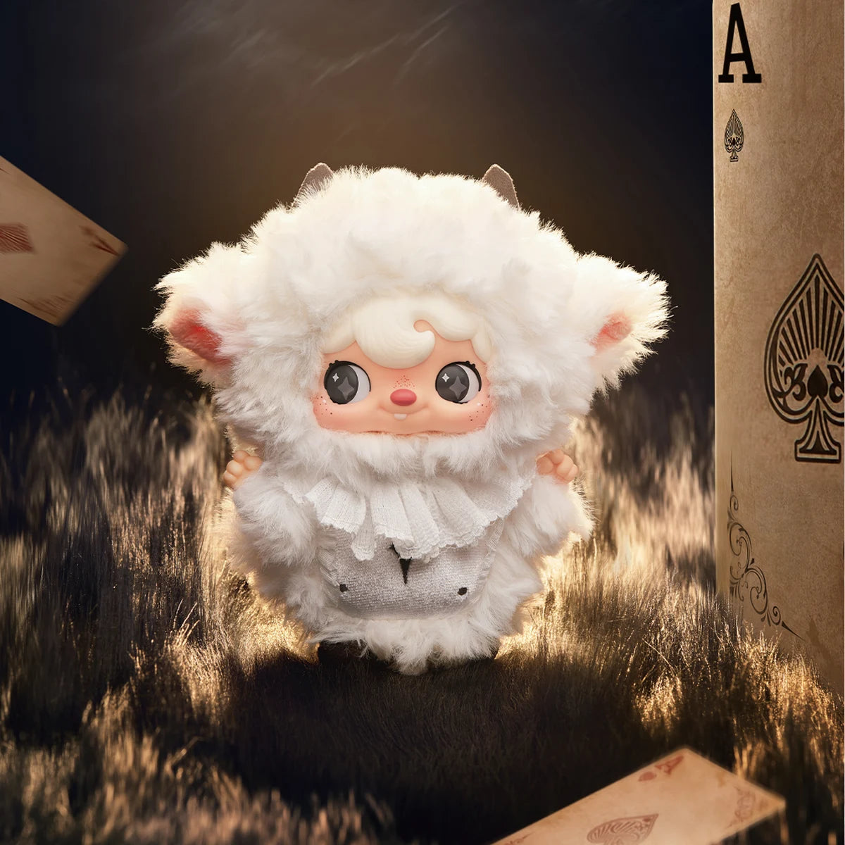 Poker Lamb white lamb plush beside a giant ace of spades card, POUKAPOUKA Me & I blind box