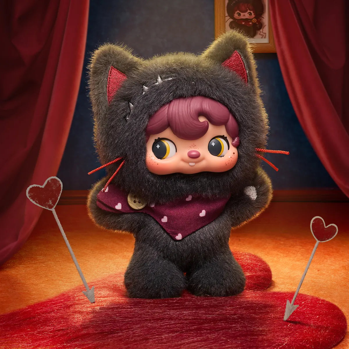 Heart-Snatcher Kitten dark cat plush with heart bandana on a red rug, POUKAPOUKA Me & I blind box